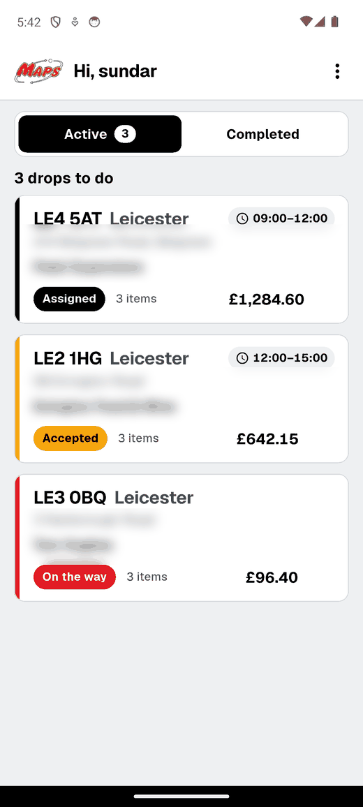 A delivery driver app: the day's run sheet, accepting a job, the drop in progress with navigation, photographing the delivery, the customer signing, and the completed delivery.