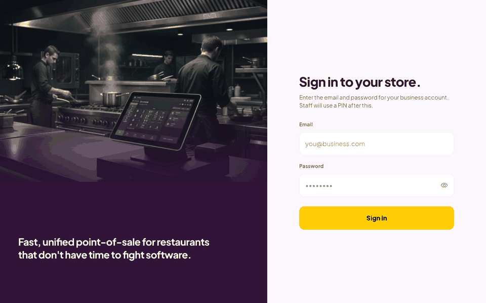 A custom EPOS in use: staff sign-in, four-digit PIN, taking a pickup order from the menu, item options, the basket, cash or card checkout, live orders and the sales report.