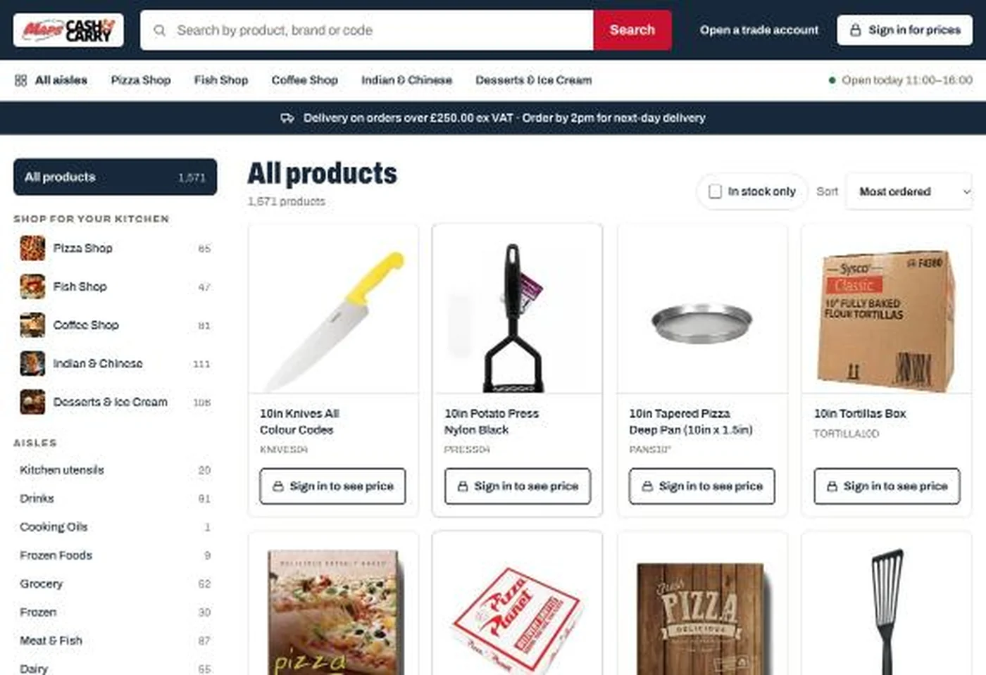 A trade catalogue built to replace a WooCommerce shop: 1,571 products, aisles with counts, and prices held behind trade account sign-in.